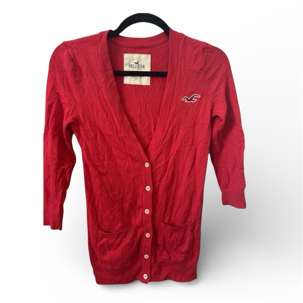 Hollister Women's buttery soft Vibrant classic Red logo Cardigan